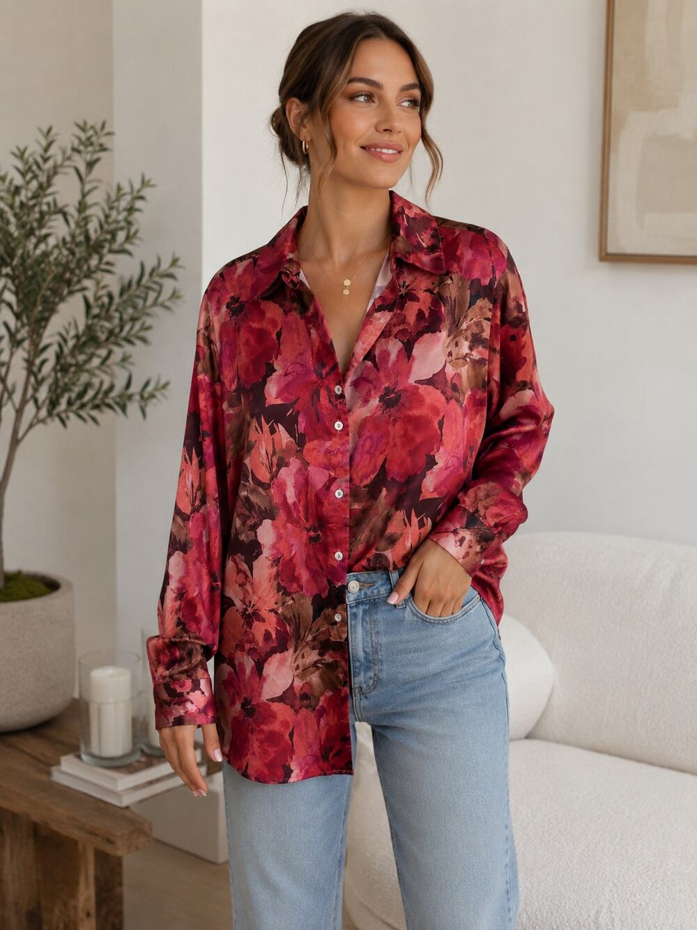 Haver & Blair Pink Satin Floral Oversized Button-Down Long Sleeve Blouse XS